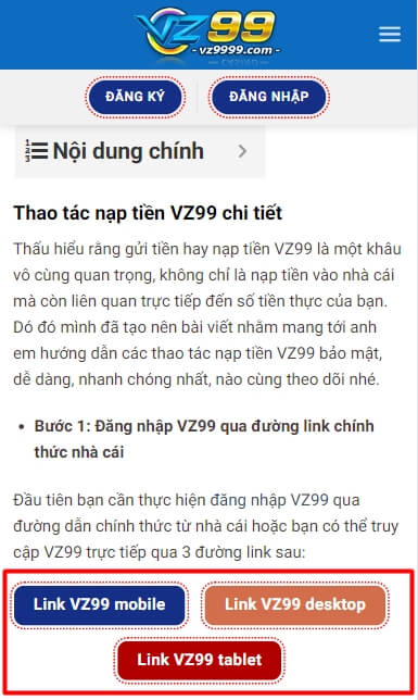 Đăng nhập VZ99 qua đường link chính thức nhà cái