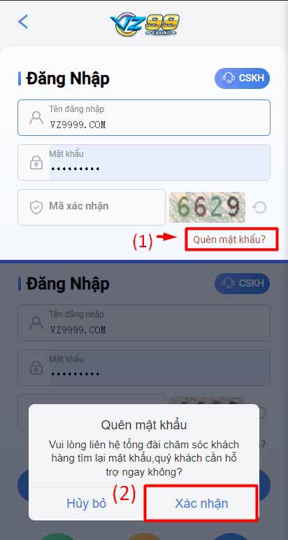 Hướng dẫn lấy lại mật khẩu đăng nhập VZ99