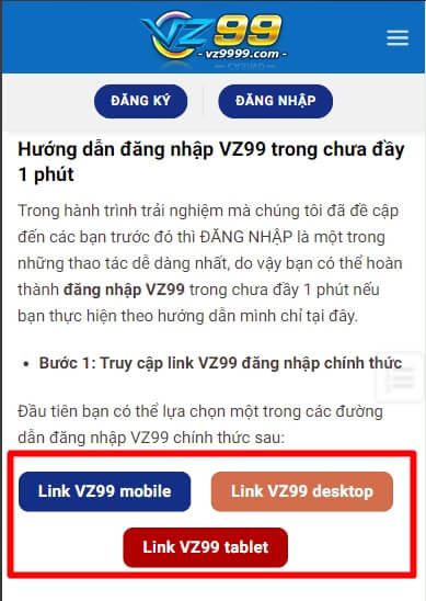 Vào link VZ99 đăng nhập chính thức